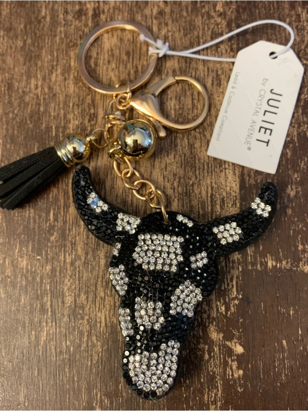 Juliet Black & Silver Crystal Bull/Steer Keyring with Tassel